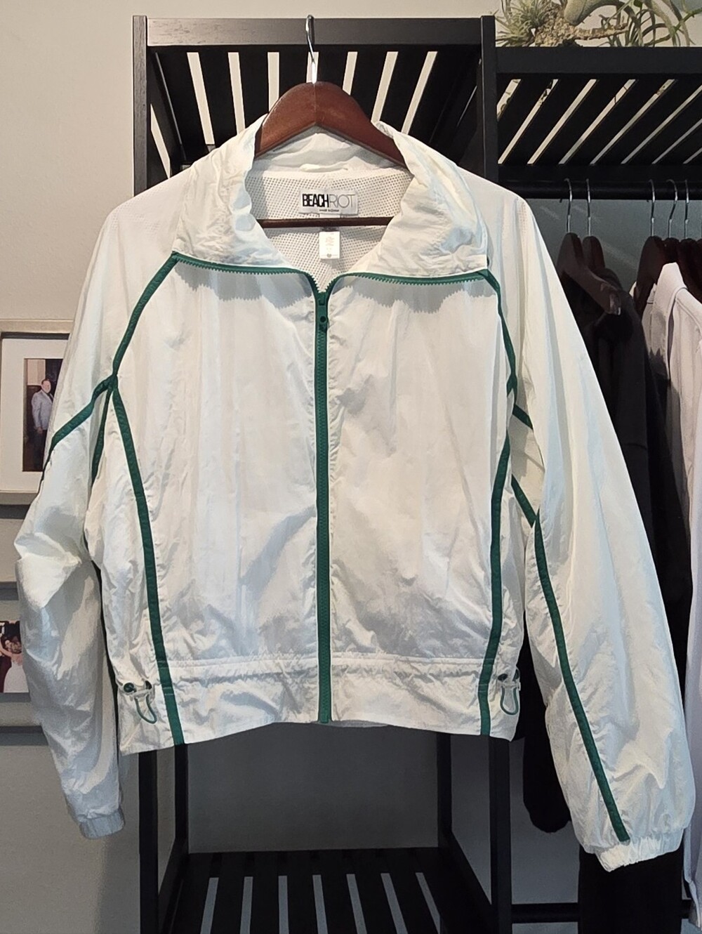 Beach Riot white windbreaker with green stripes